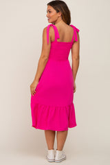 Fuchsia Smocked Shoulder Tie Maternity Midi Dress