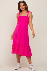 Fuchsia Smocked Shoulder Tie Maternity Midi Dress