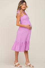 Lavender Smocked Shoulder Tie Maternity Midi Dress