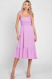 Lavender Smocked Shoulder Tie Midi Dress