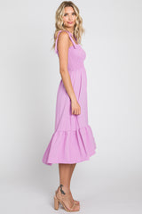 Lavender Smocked Shoulder Tie Midi Dress