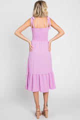 Lavender Smocked Shoulder Tie Midi Dress