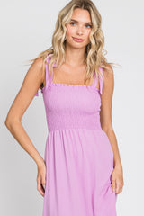 Lavender Smocked Shoulder Tie Midi Dress