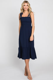 Navy Smocked Shoulder Tie Midi Dress