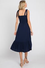 Navy Smocked Shoulder Tie Midi Dress