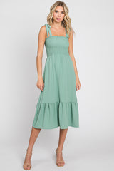 Sage Smocked Shoulder Tie Maternity Midi Dress