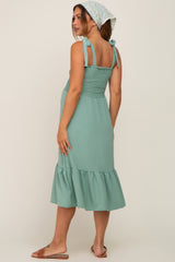 Sage Smocked Shoulder Tie Maternity Midi Dress