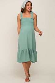 Sage Smocked Shoulder Tie Maternity Midi Dress