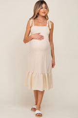 Cream Smocked Shoulder Tie Maternity Midi Dress