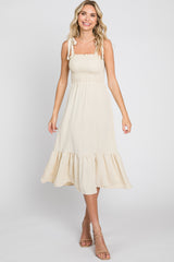 Cream Smocked Shoulder Tie Maternity Midi Dress