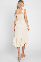 Cream Smocked Shoulder Tie Midi Dress