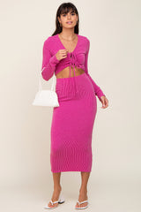 Fuchsia Ribbed Front Cutout Two Piece Skirt Set