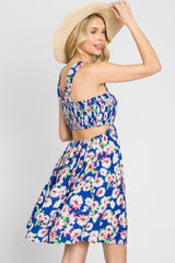 Royal Blue Floral Smocked Square Neck Back Cutout Dress