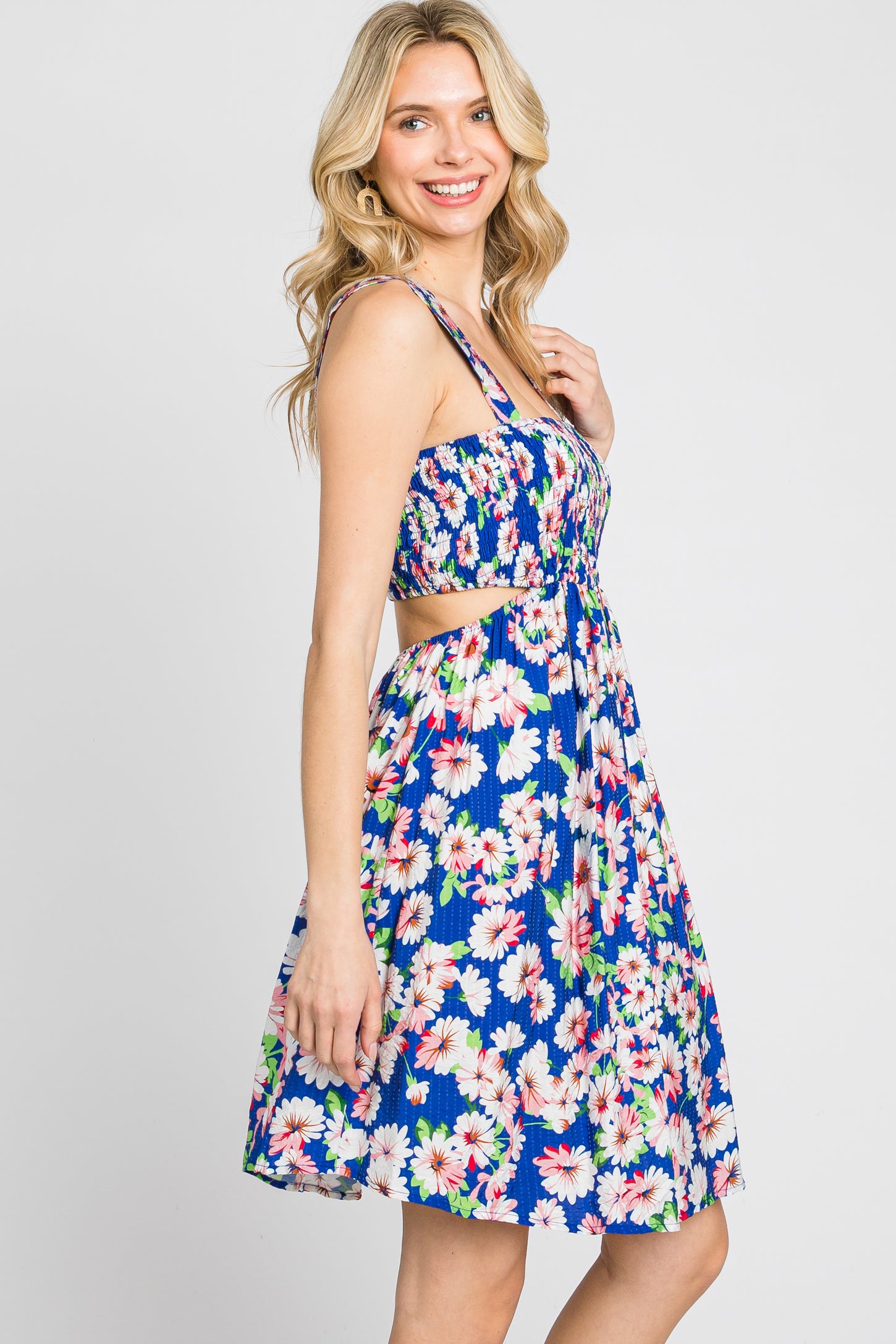 Royal Blue Floral Smocked Square Neck Back Cutout Dress– PinkBlush