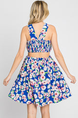 Royal Blue Floral Smocked Square Neck Back Cutout Dress