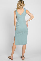 Mint Green Ribbed Shoulder Tie Midi Dress