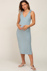 Mint Green Ribbed Shoulder Tie Maternity Midi Dress