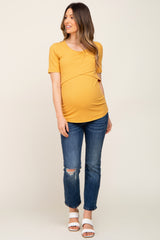 Yellow Ribbed Wrap Front Maternity/Nursing Top