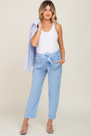 Light Blue Paper Bag Waist Cropped Maternity Pants