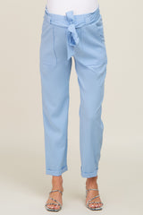 Light Blue Paper Bag Waist Cropped Maternity Pants