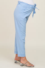 Light Blue Paper Bag Waist Cropped Maternity Pants