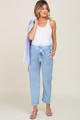 Light Blue Paper Bag Waist Cropped Maternity Pants