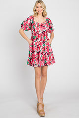 Pink Floral Sweetheart Neck Short Puff Sleeve Dress