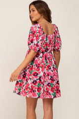 Pink Floral Sweetheart Neck Short Puff Sleeve Maternity Dress