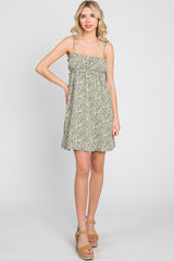 Light Olive Floral Ruffle Square Neck Shoulder Tie Dress