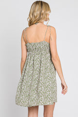 Light Olive Floral Ruffle Square Neck Shoulder Tie Dress