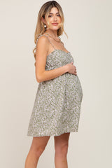 Light Olive Floral Ruffle Square Neck Shoulder Tie Maternity Dress