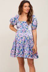 Lavender Floral Shimmer Sweetheart Neck Short Puff Sleeve Maternity Dress