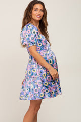 Lavender Floral Shimmer Sweetheart Neck Short Puff Sleeve Maternity Dress