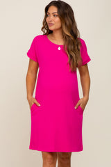 Fuchsia Ribbed Pocketed Maternity Dress