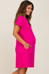 Fuchsia Ribbed Pocketed Maternity Dress