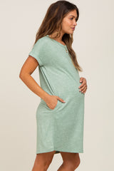 Green Heathered Pocketed Maternity Dress