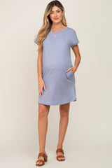 Blue Heathered Pocketed Maternity Dress