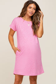 Pink Heathered Pocketed Maternity Dress