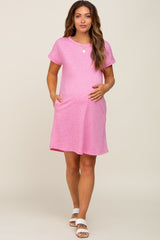 Pink Heathered Pocketed Maternity Dress