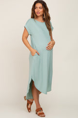 Mint Green Ribbed Round Hi-Lo Hem Maternity Dress