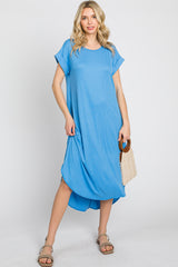 Blue Ribbed Round Hi-Lo Hem Dress