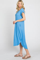 Blue Ribbed Round Hi-Lo Hem Dress