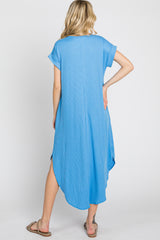 Blue Ribbed Round Hi-Lo Hem Dress