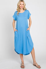 Blue Ribbed Round Hi-Lo Hem Dress