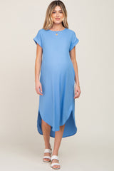 Blue Ribbed Round Hi-Lo Hem Maternity Dress