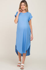 Blue Ribbed Round Hi-Lo Hem Maternity Dress