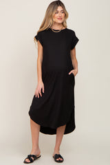 Black Ribbed Round Hi-Lo Hem Maternity Dress