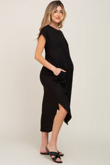 Black Ribbed Round Hi-Lo Hem Maternity Dress