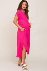 Fuchsia Ribbed Round Hi-Lo Hem Maternity Dress