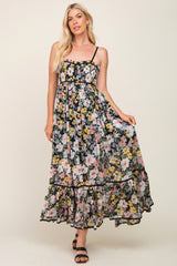 Black Floral Sleeveless Button Down Maternity Maxi Dress